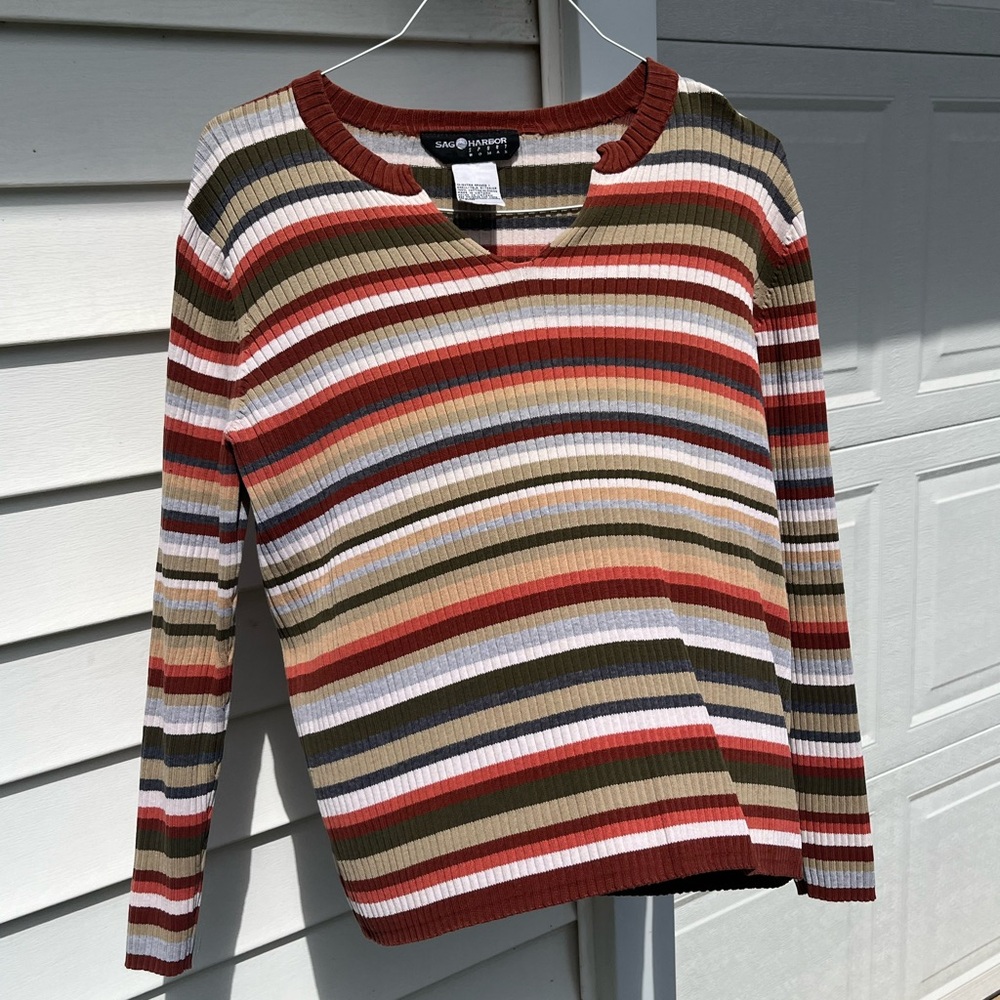v cut striped sweater shirt 1x fall colors sag harbor